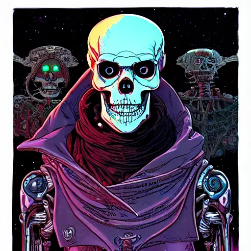 Prompt: portrait of a cybernetic evil undead skeleton sorcerer, cyberpunk concept art by josan gonzales and moebius and enki bilal and and dan mumford and jean claude meziere and philippe druilleg