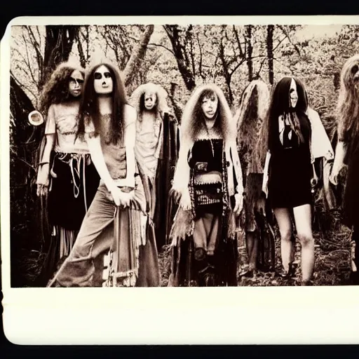 Image similar to 1969, witchcraft, psychedelic hippies, goths, long-haired witch, coven, rockers, rural New York, Polaroid