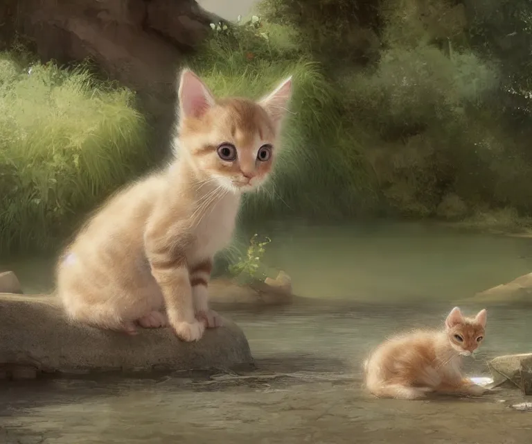 Prompt: a painting of a cute light beige brown kitten at a river. character design by cory loftis, fenghua zhong, ryohei hase, ismail inceoglu and ruan jia. volumetric light, detailed, rendered in octane