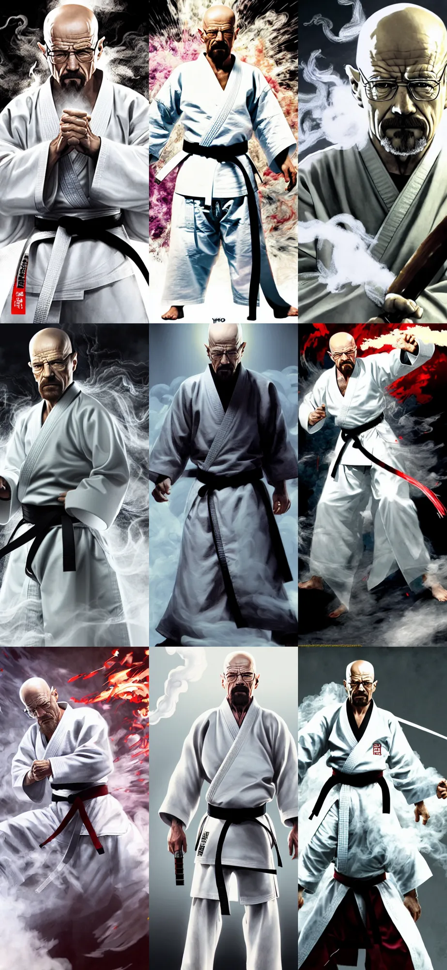 Prompt: Epic Concept art of grandmaster walter white wearing a white martial artist gi, bald head and white beard, surrounded by white smoke, smoky, full body wuxia, Wudang Swordmanship by Chen Uen, art by Yoji Shinkawa, 4k