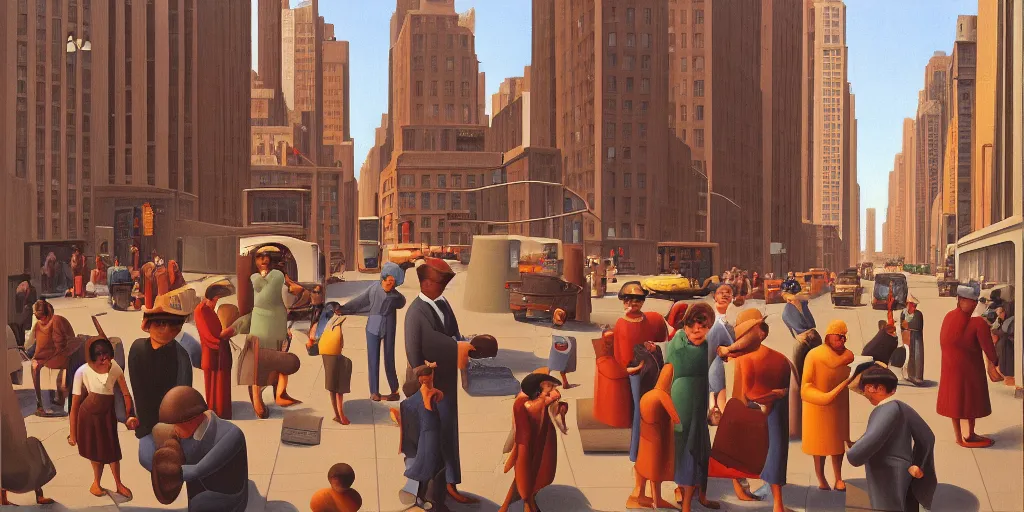 Image similar to new york city street in the morning, oil painting by george tooker