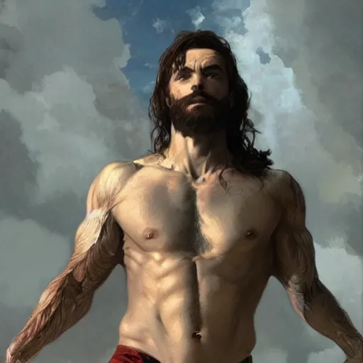 Image similar to a heavenly god, gorgeous, amazing, muscular, hairy torso, intricate, highly detailed, digital painting, artstation, concept art, sharp focus, illustration, art by greg rutkowski and alphonse mucha