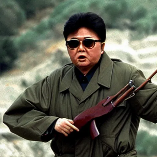 Image similar to a filmstill of Kim Jong-il as Rambo in Rambo First blood