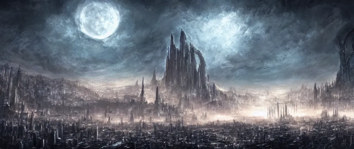 Image similar to digital concept art of large eldritch lovecraftian horror looming over city, dark souls style, volumetric lighting, large scale, night time, moon rays, high detail