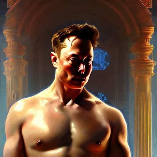 Image similar to Elon Musk as a Greek god, gorgeous, amazing, muscular, fit, intricate, highly detailed, digital painting, artstation, concept art, sharp focus, illustration, art by greg rutkowski and alphonse mucha