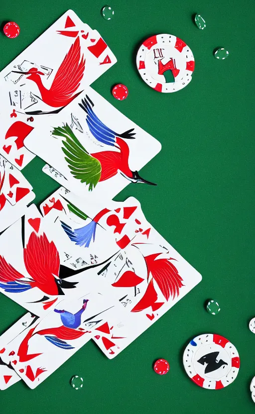 Image similar to poker card style, simple, modern look, solid colors, colorful, japanese crane bird in center, pines symbol in the corners, front game card, vivid contrasts, for junior, smart design