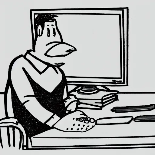 Prompt: a drawing of a man sitting in front of his computer, eating chips