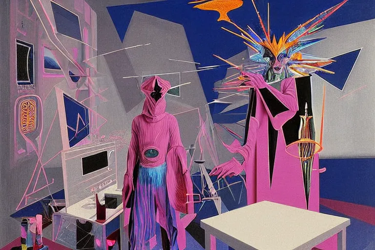 Prompt: a highly detailed beautiful masterpiece painting of a technomancer wizard in dazzle camouflage robes with pointed hood discussing sentience with his synthesized AI djinn hologram in his laboratory near a computer by Remedios Varo and Anato Finnstark and Greg Rutkowski and Andy Warhol and Francis Picabia, dayglo pink, dayglo blue, prismatic, pearlescent white, raven black, hyperrealism, 8k, trending on ArtStation, rendered in Octane, rendered in Unreal engine, award winning, volumetric lighting