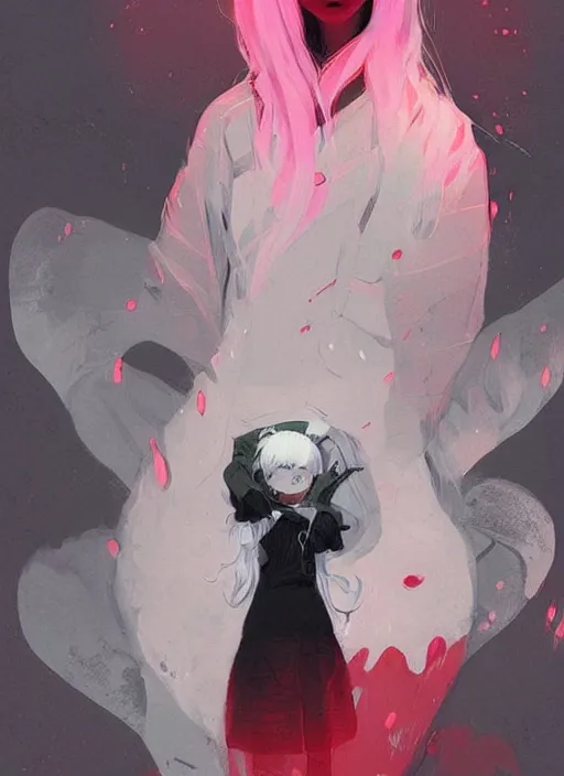 Prompt: highly detailed portrait of a ghost likely girl with neon red eyes, short white hair by atey ghailan, by greg rutkowski, by greg tocchini, by james gilleard, by joe fenton, by kaethe butcher, gradient pink, black, red, cream and white color scheme, trending in pinterest, award winning details