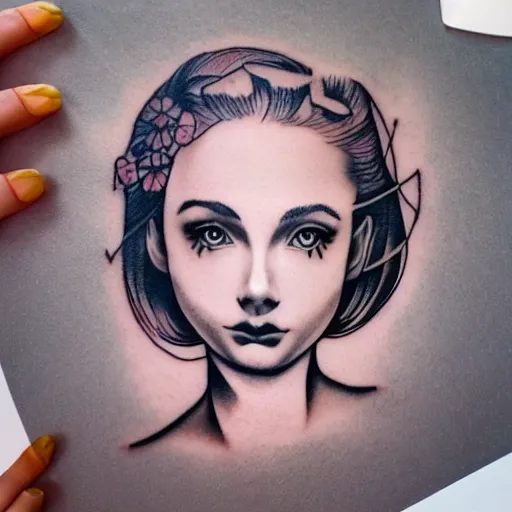 Image similar to tattoo design, stencil, portrait of a girl by artgerm, symmetrical face, beautiful, daisy flower