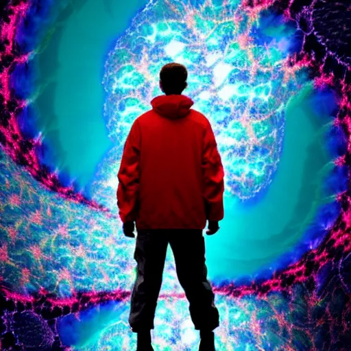 Prompt: man wearing 9 0 s plastic jacket and chrome pants reaching toward interdimensional wormhole at the center of a fractal nebula, rembrandt lighting, in the style of an akira movie poster