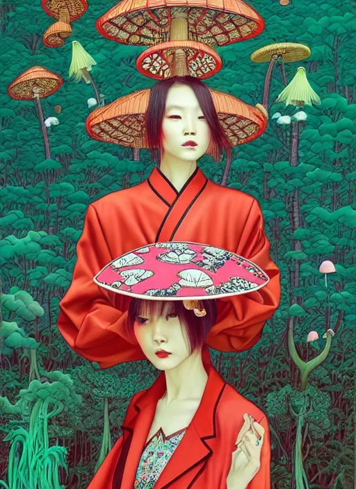 Image similar to pretty chinese model with hallucination mushroom : : by martine johanna and simon stalenhag and chie yoshii and casey weldon and wlop : : ornate, dynamic, particulate, rich colors, intricate, elegant, highly detailed, vogue, harper's bazaar art, fashion magazine, smooth, sharp focus,