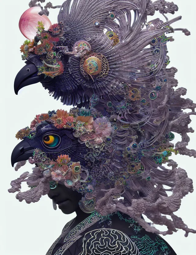 Image similar to 3 d goddess close - up profile solarpunk portrait ram skull. beautiful intricately detailed japanese crow kitsune mask and clasical japanese kimono. betta fish, jellyfish phoenix, bio luminescent, plasma, ice, water, wind, creature, artwork by tooth wu and wlop and beeple and greg rutkowski