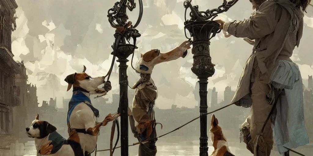 Image similar to a jack russell terrier tied a man to a pole, highly detailed, digital painting, artstation, concept art, smooth, sharp focus, illustration, cinematic lighting, art by artgerm and greg rutkowski and alphonse mucha