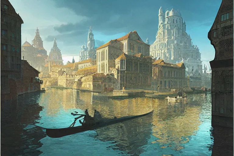 Prompt: holy serene city built on a river, canals and bridges, early morning soft light, by marc simonetti and jeffrey smith, karl friedrich schinkel, karel thole