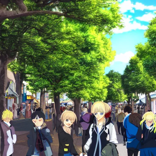 Image similar to blonde - haired princess, anime princess, wearing black jacket and white leggings, looking through crowd, town street, festival street, trees, green trees, blue lighting, blue sunshine, strong lighting, strong shadows, vivid hues, ultra - realistic, sharp details, subsurface scattering, intricate details, hd anime, 2 0 1 9 anime