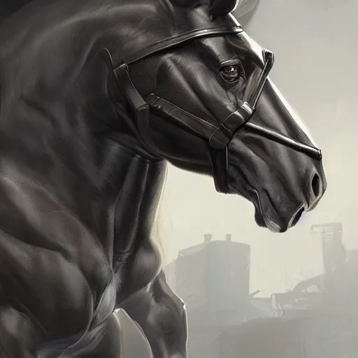 Prompt: a massive musclebound dark male anthro horse wearing a leather kevlar outfit protecting a facility, equine, highly detailed, digital painting, artstation, sharp focus, game art, concept art, illustration, art by artgerm, greg rutkowski, wlop