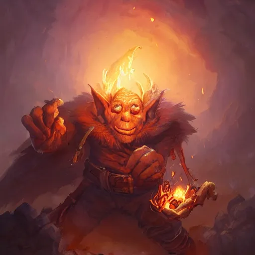 Prompt: a goblin pyromancer, by justin gerard and greg rutkowski, digital art, realistic painting, fantasy, very detailed, character design, trending on artstation