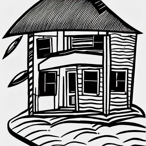 Image similar to imaginative drawing of a beach house, black ink outline, cel - shading