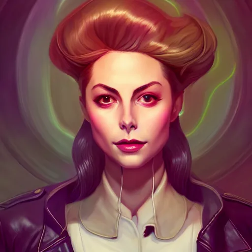 Image similar to a portrait of a beautiful willa holland pompadour long hair leather jacket, art by lois van baarle and loish and ross tran and rossdraws and sam yang and samdoesarts and artgerm, digital art, highly detailed, intricate, sharp focus, trending on artstation hq, deviantart, unreal engine 5, 4 k uhd image