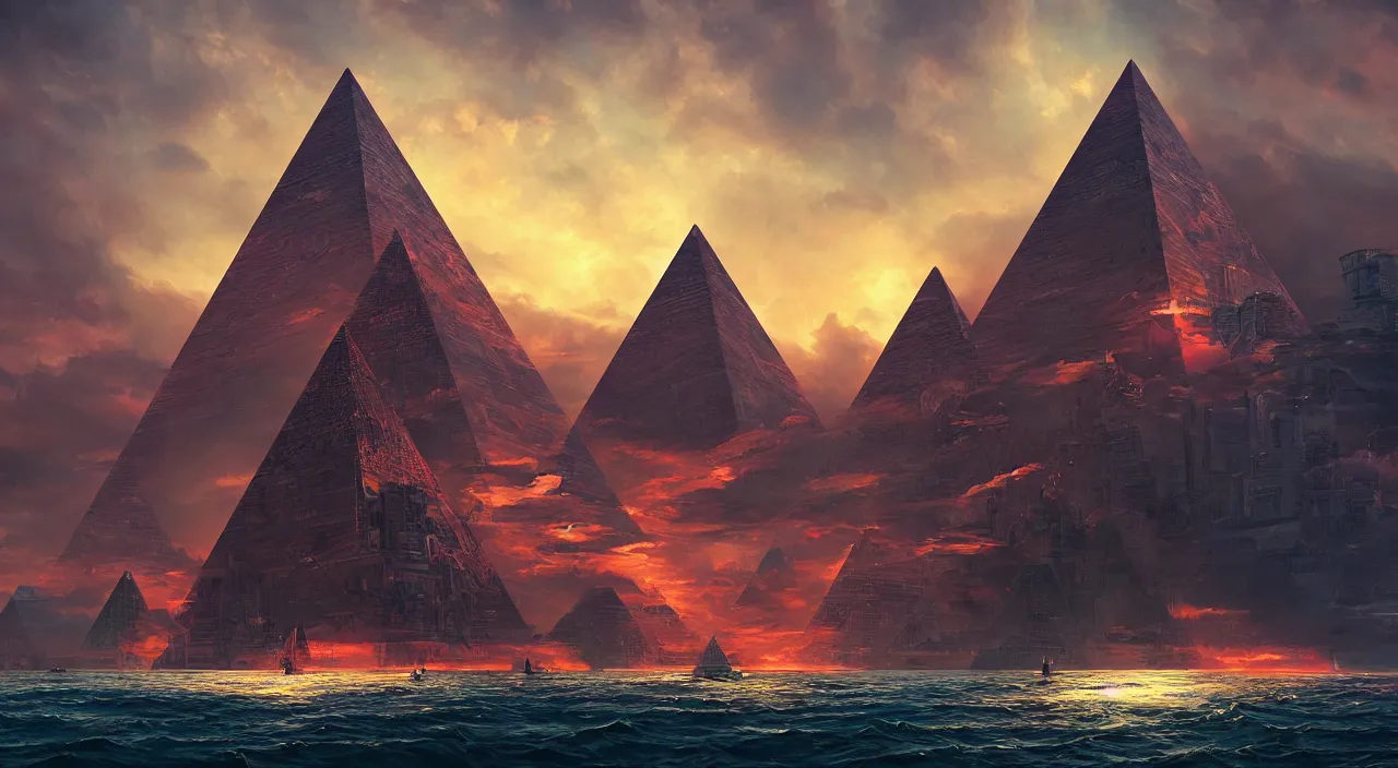 Image similar to a Stunning 3d painting of A cyberpunk pyramid at sea by gerg rutkowski and Daniel Romanovsky,epic lighting,beautiful sky,Retro colour,hyper detailed,Super realistic,cinematic,sci fi art,Masterpieces,8K Resolution