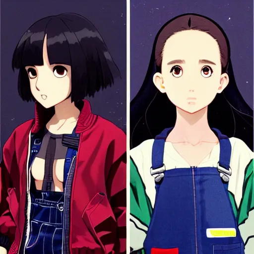 Image similar to a beautiful boyish natalie portman gravure model, wearing oversized mayan bomber jacket and leotard with overalls, bulky poofy bomber jacket with mesoamerican patterns, mesoamerican street fashion, gapmoe yandere grimdark, trending on pixiv fanbox, painted by greg rutkowski makoto shinkai takashi takeuchi studio ghibli, akihiko yoshida