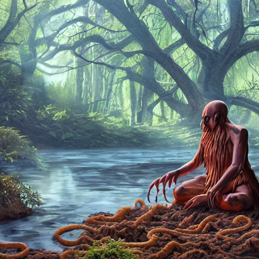 Image similar to a cinematic painting of alien tentacles emerging from the water of a river, a single godly like figure stands on the riverbed watching, fire blowing the leaves from the trees