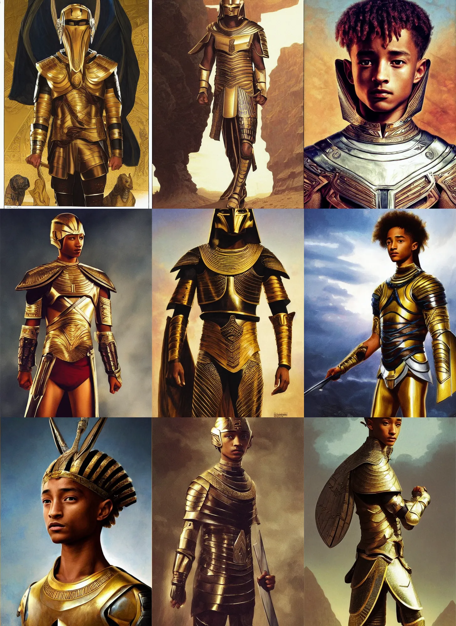 Prompt: jaden smith as young egyptian knight, shaved head, marvel comics, intricate, sharp focus, illustration, orientalism, bouguereau, rutkowski, jurgens