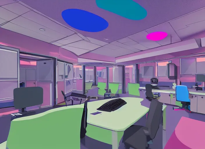 Prompt: steven universe inspired stanley parable office backrooms, creepy but colorful render, intricate detail, castle oblivion, normal workplace office, pastel 8 0 s, uhd