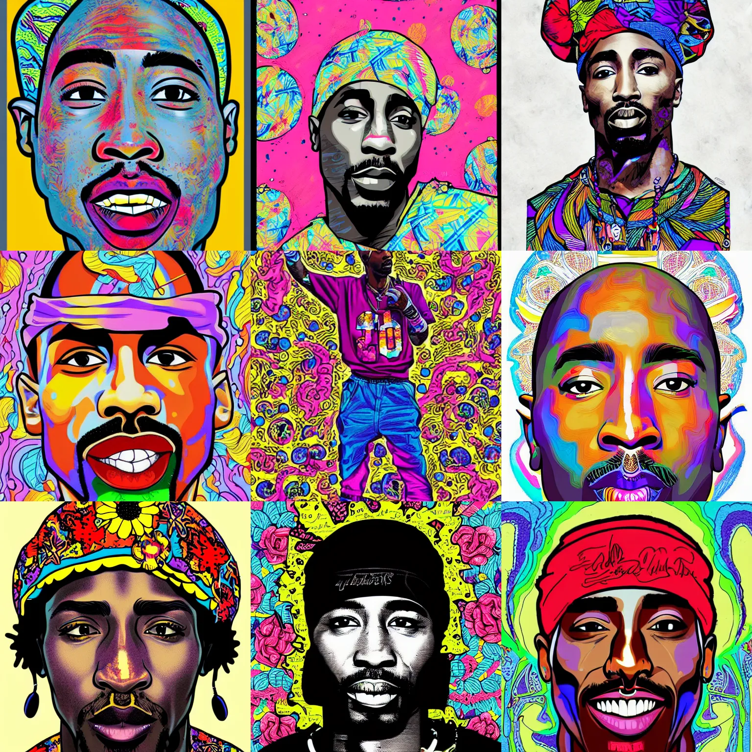 Prompt: Tupac,illustrated in Hyperbolic exaggerated style, Colorful Illustration by James Jean,
