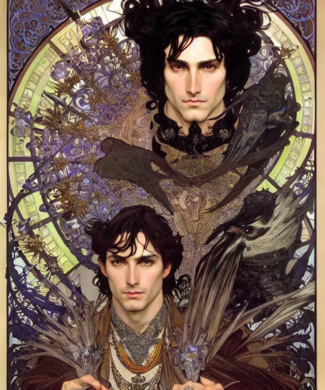 Prompt: realistic detailed face portrait of a regal handsome king with spiky black hair surrounded by flying ravens by alphonse mucha, ayami kojima, amano, greg hildebrandt, and mark brooks, male, masculine, art nouveau, neo - gothic, gothic, character concept design