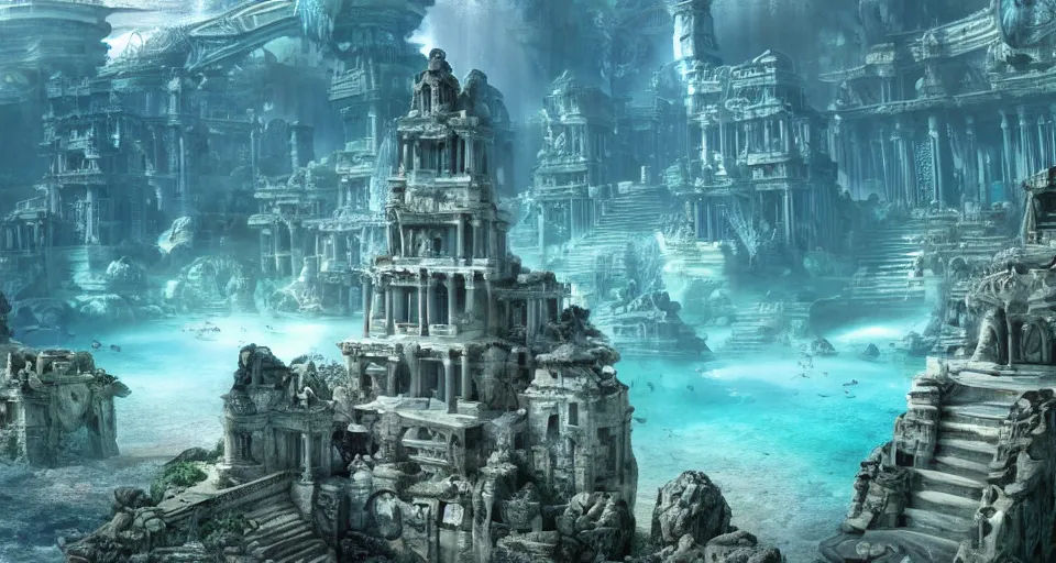 Prompt: the lost city of Atlantis, underwater, epic view, epic lighting, fully built buildings, white marble, hyper detailed, 4K