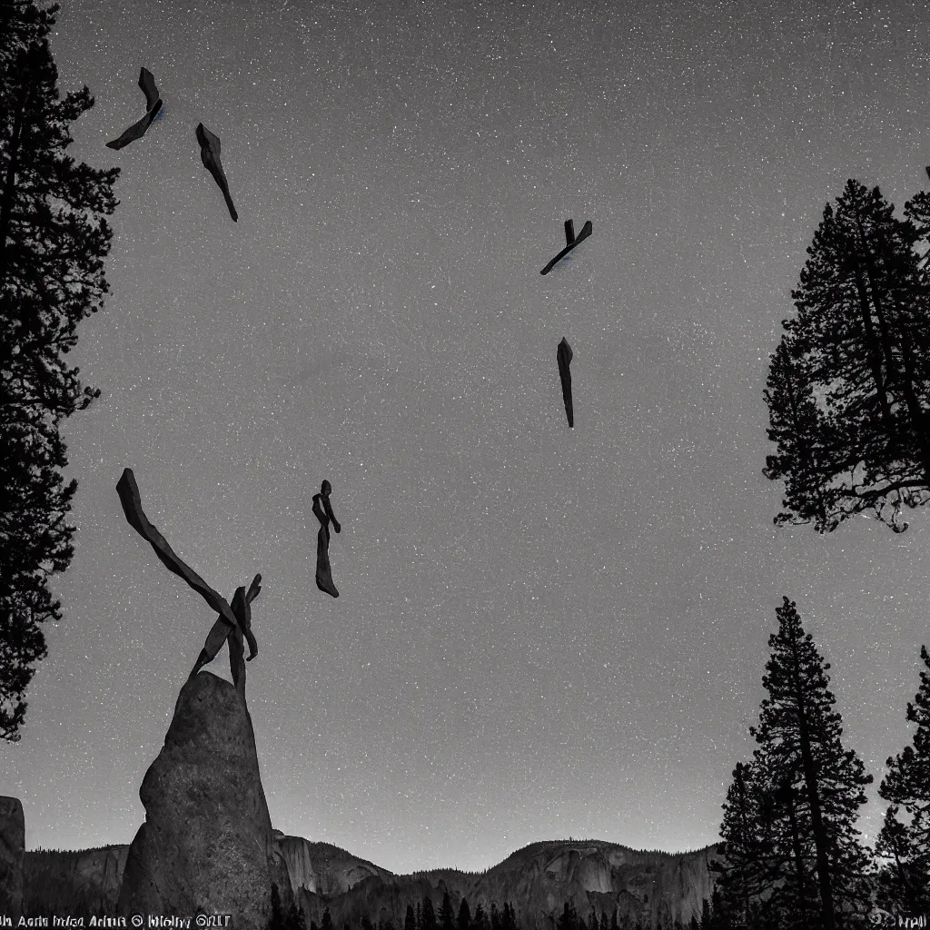 Prompt: to fathom hell or soar angelic, just take a pinch of psychedelic, a colossal minimalistic necktie sculpture installation ( by antony gormley and anthony caro ), reimagined by future artists in yosemite national park, granite peaks visible in the background, in the distant future, taken in the night