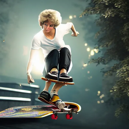 Image similar to princess diana doing a kickflip on a skateboard, stunning, surrounding cinematic light, hyper detailed, ornate and intricate, 4 k cinematic octane render