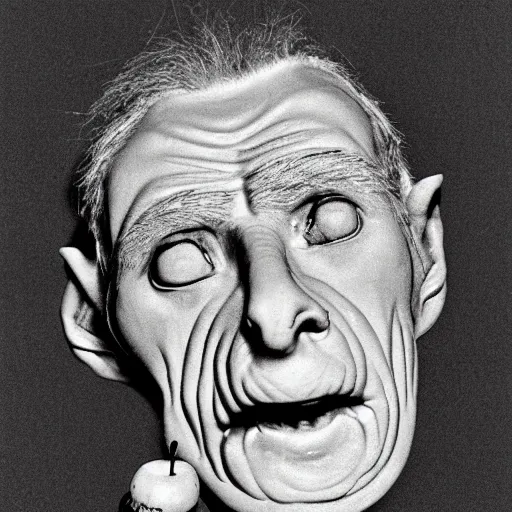 Image similar to samuel beckett's features on the face of a roast pig with an apple in its mouth