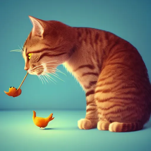 Image similar to cat emoji eating a bird, octane render, art station, hd, 4k, digital painting