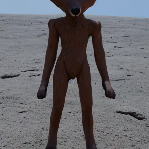 Prompt: male anthro anthropomorphic human like fox demon monument stands on the moon,
