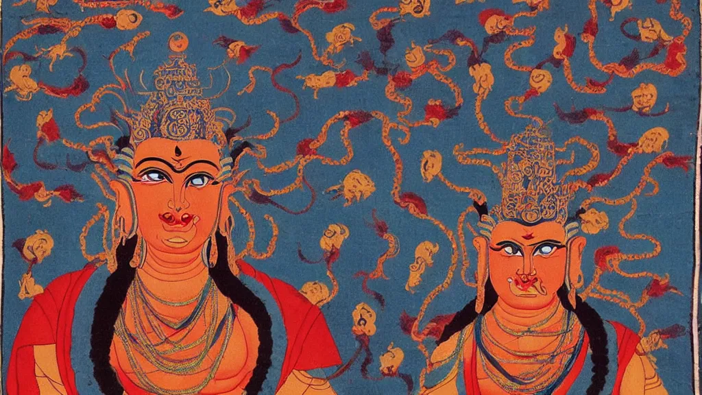 Prompt: mahakali fierce buddhist deity with the face of michel foucault, in the style of tibetan thanka painting