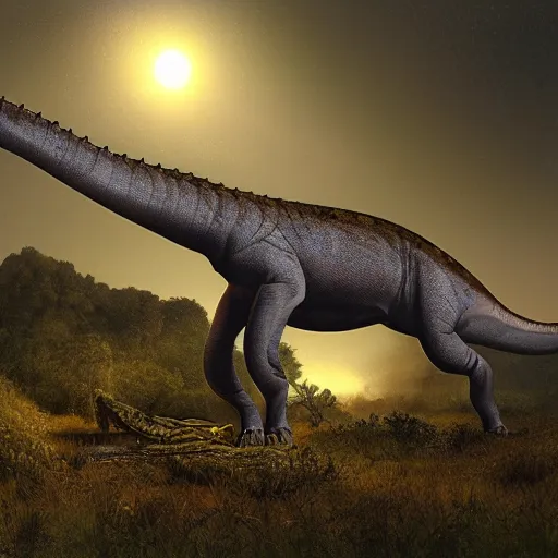 Image similar to dimetroton brontosaurus mix hybrid, paleoart by Julius T. Csotonyi, highly detailed, night, volumetric lighting