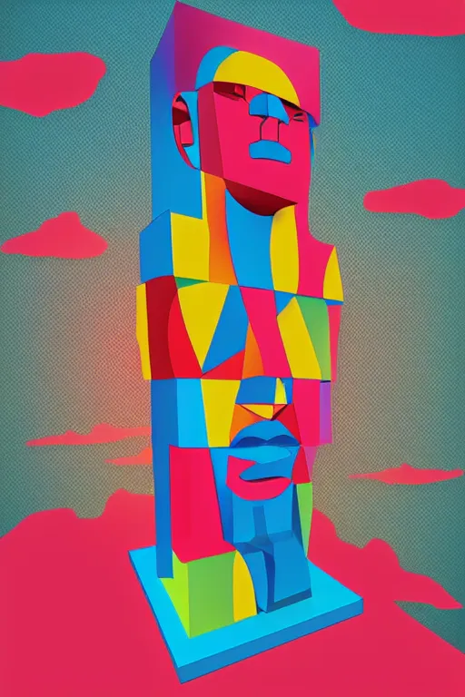 Image similar to cubist moai statue cutout digital illustration cartoon colorful beeple