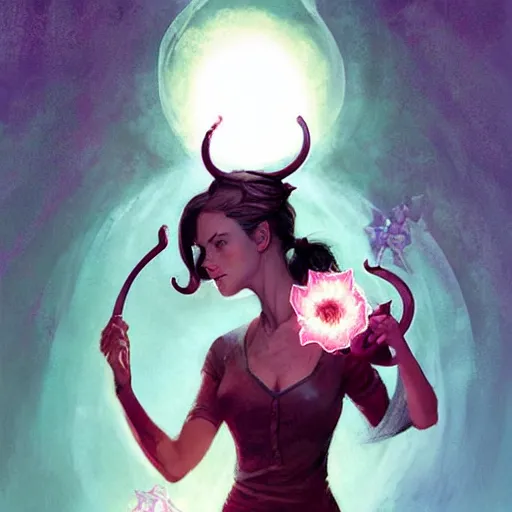 Image similar to tiefling woman with bent horns holding a glowing floating flower, petrichor, malady, art by fiona staples, art by james gurney, art by norman rockwell