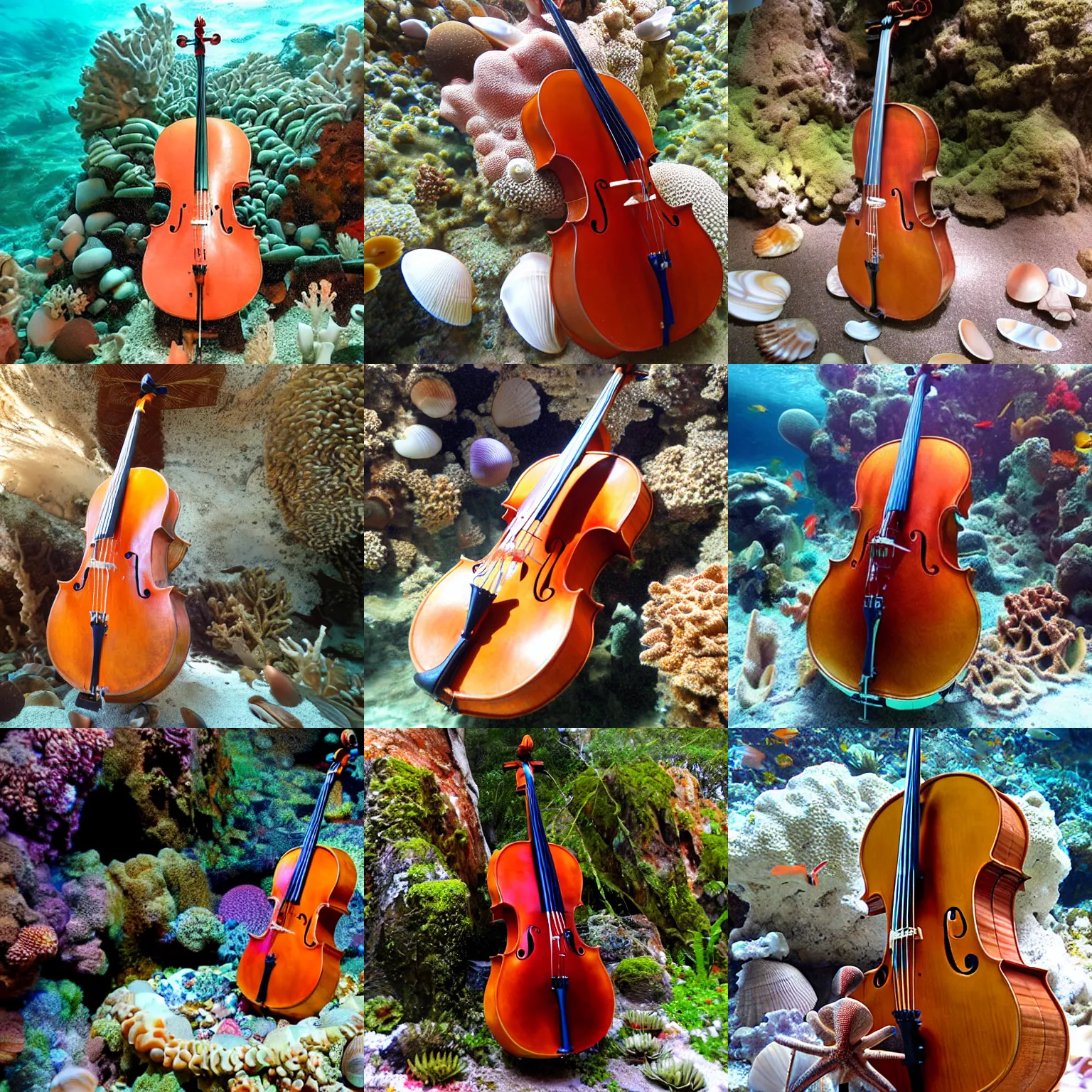 Prompt: a big cello made from seashells in a coral garden