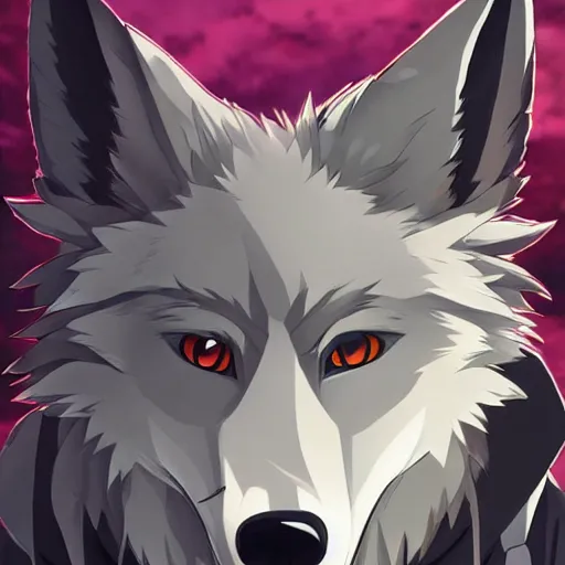 Image similar to key anime visual portrait of an anthropomorphic anthro wolf fursona, in a jacket, with handsome eyes, official modern anime art