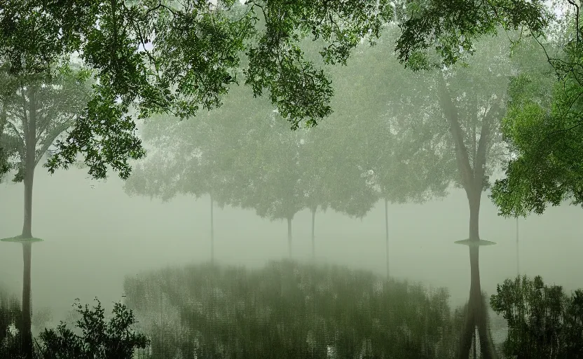 Image similar to augusta national, the masters, many beautiful flowers and magnlia trees, completely flooded with brown water, beautiful ambient light, fog,