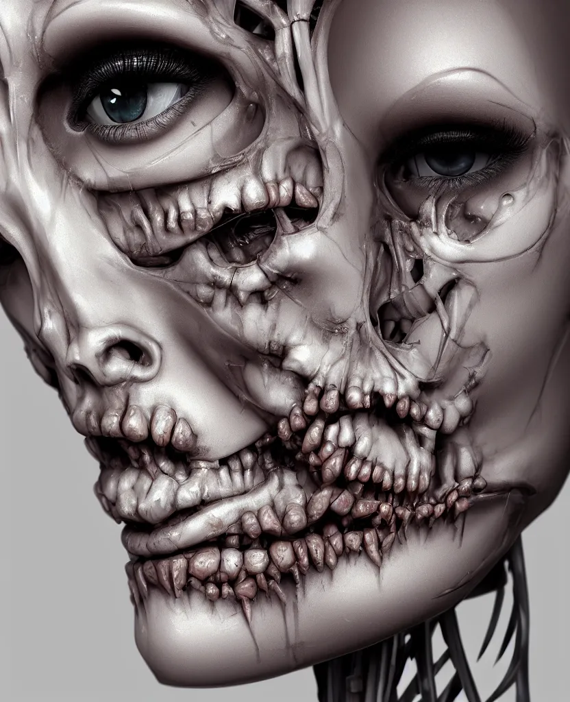 Prompt: close-up macro portrait of the face of a beautiful fashion girl with makeup, epic angle and pose, ribcage skeleton symmetrical artwork, 3d with depth of field, blurred background, cybernetic machine female face, translucent, nautilus, energy flows of love and hate, a highly detailed epic cinematic concept art CG render. made in Maya, Blender and Photoshop, octane render, excellent composition, cinematic dystopian brutalist atmosphere, dynamic dramatic cinematic lighting, aesthetic, very inspirational, arthouse, Greg Rutkowski, Ilya Kuvshinov, WLOP, Stanley Artgerm Lau, Ruan Jia and Fenghua Zhong