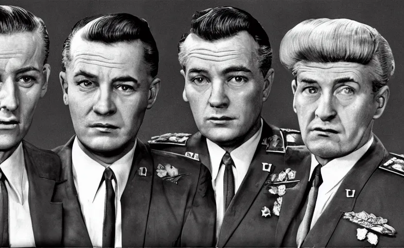 Image similar to 50s movie still close-up portrait of three individual elder soviet generals with very diverses faces in a stalinist style hall, by Irving Penn, Cinestill 800t 50mm black and white, heavy grainy picture, very detailed, high quality, 4k, HD criterion, precise texture, facial precision, diverse haircuts, diverse ages, each faces precisely define