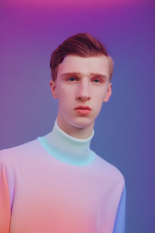 Image similar to high quality pastel coloured film mid angle portrait photograph of a beautiful young 2 0 year old male, soft features, short hair, perspex space visor and oversized inflated clothing!!!! icelandic black! rock pool environment. atmospheric three point light. photographic. art directed. ( pastel colours ). volumetric. clearcoat. waves. 8 k. filmic.