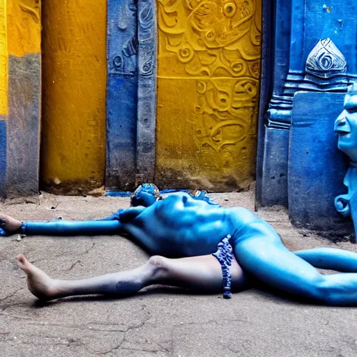 Image similar to blue bodied lord shiva lying drunk on the street