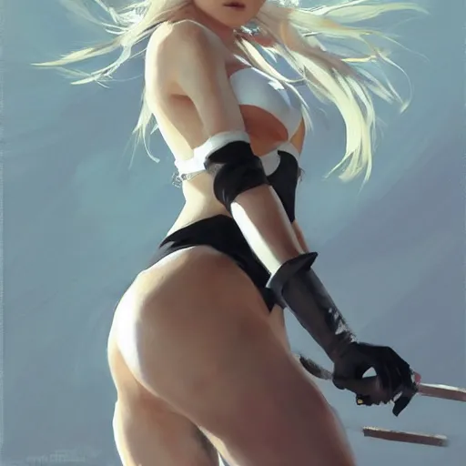 Prompt: greg manchess portrait painting of 2 b nier automata in a bikini, white long hair, organic painting, sunny day, matte painting, bold shapes, hard edges, street art, trending on artstation, by huang guangjian and gil elvgren and sachin teng