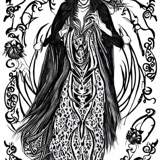 Image similar to black and white pen and ink!!!!!!! sorcerer beautiful attractive long hair Taylor Swift wearing High Royal flower print robes flaming!!!! final form flowing ritual royal!!! Contemplative stance Vagabond!!!!!!!! floating magic witch!!!! glides through a beautiful!!!!!!! Camellia!!!! Tsubaki!!! death-flower!!!! battlefield behind!!!! dramatic esoteric!!!!!! Long hair flowing dancing illustrated in high detail!!!!!!!! by Hiroya Oku!!!!!!!!! graphic novel published on 2049 award winning!!!! full body portrait!!!!! action exposition manga panel black and white Shonen Jump issue by David Lynch eraserhead and beautiful line art Hirohiko Araki!! Frank Miller, Kentaro Miura!, Jojo's Bizzare Adventure!!!! 3 sequential art golden ratio technical perspective panels horizontal per page